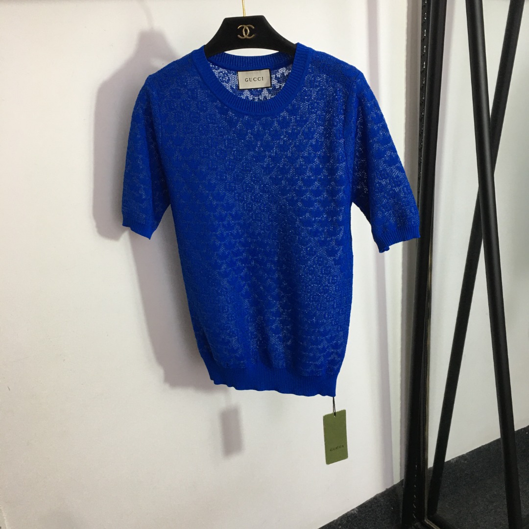 G style&Adidas Letter Hollow out Round Neck Short Sleeve Knit-Luxeon