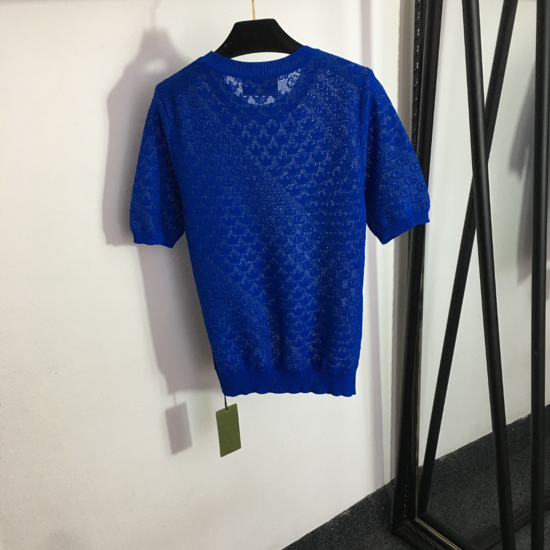 G style&Adidas Letter Hollow out Round Neck Short Sleeve Knit-Luxeon