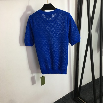 G style&Adidas Letter Hollow out Round Neck Short Sleeve Knit-Luxeon
