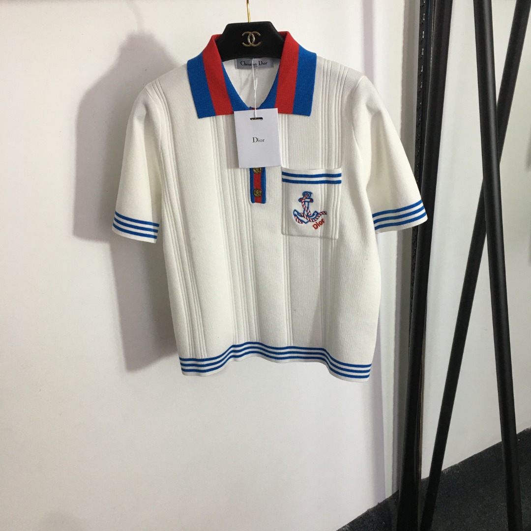 D style Boat Anchor Embroidered Pocket Striped Short Sleeve Knit-Luxeon
