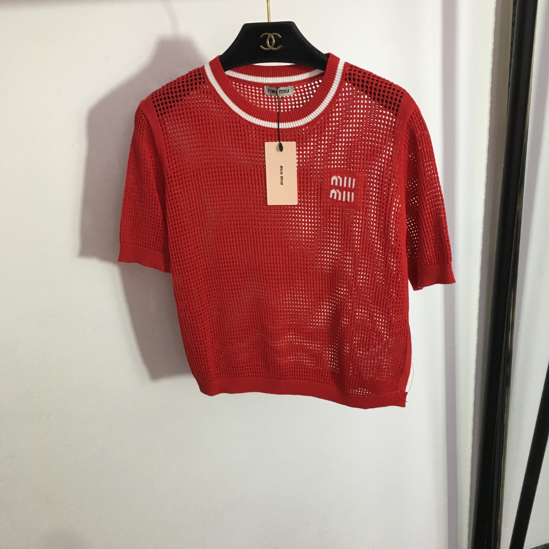 Miumiu Hollow Short Sleeve Knit Top-Luxeon