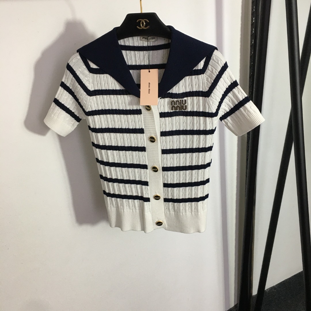 Miumiu Navy Neck Striped Short Sleeve Knit-Luxeon