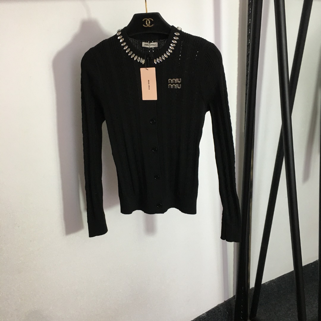 Miumiu diamond studded long sleeved knitted cardigan-Luxeon