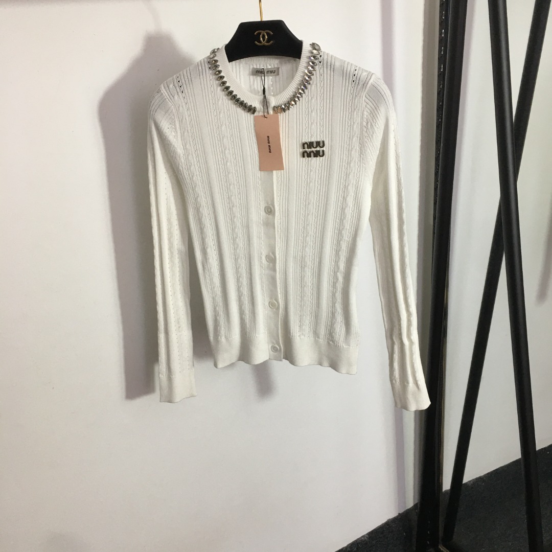 Miumiu diamond studded long sleeved knitted cardigan-Luxeon