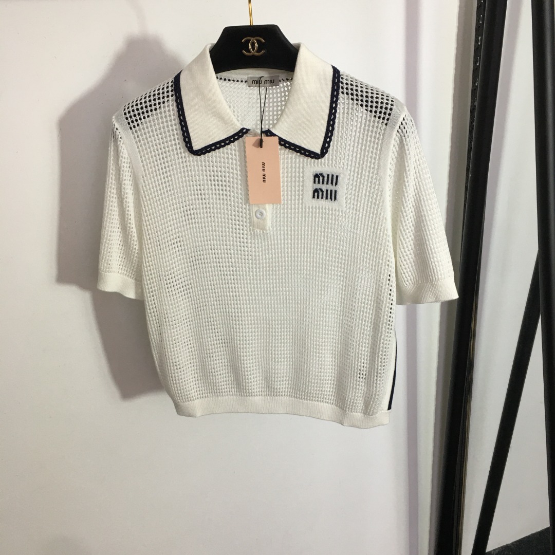 Miumiu Hollow Out Polo Short Sleeve Knit Top-Luxeon