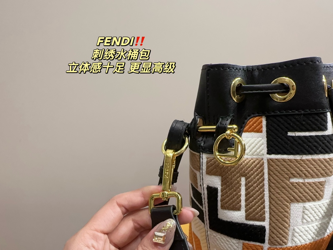 F style embroidered bucket bag