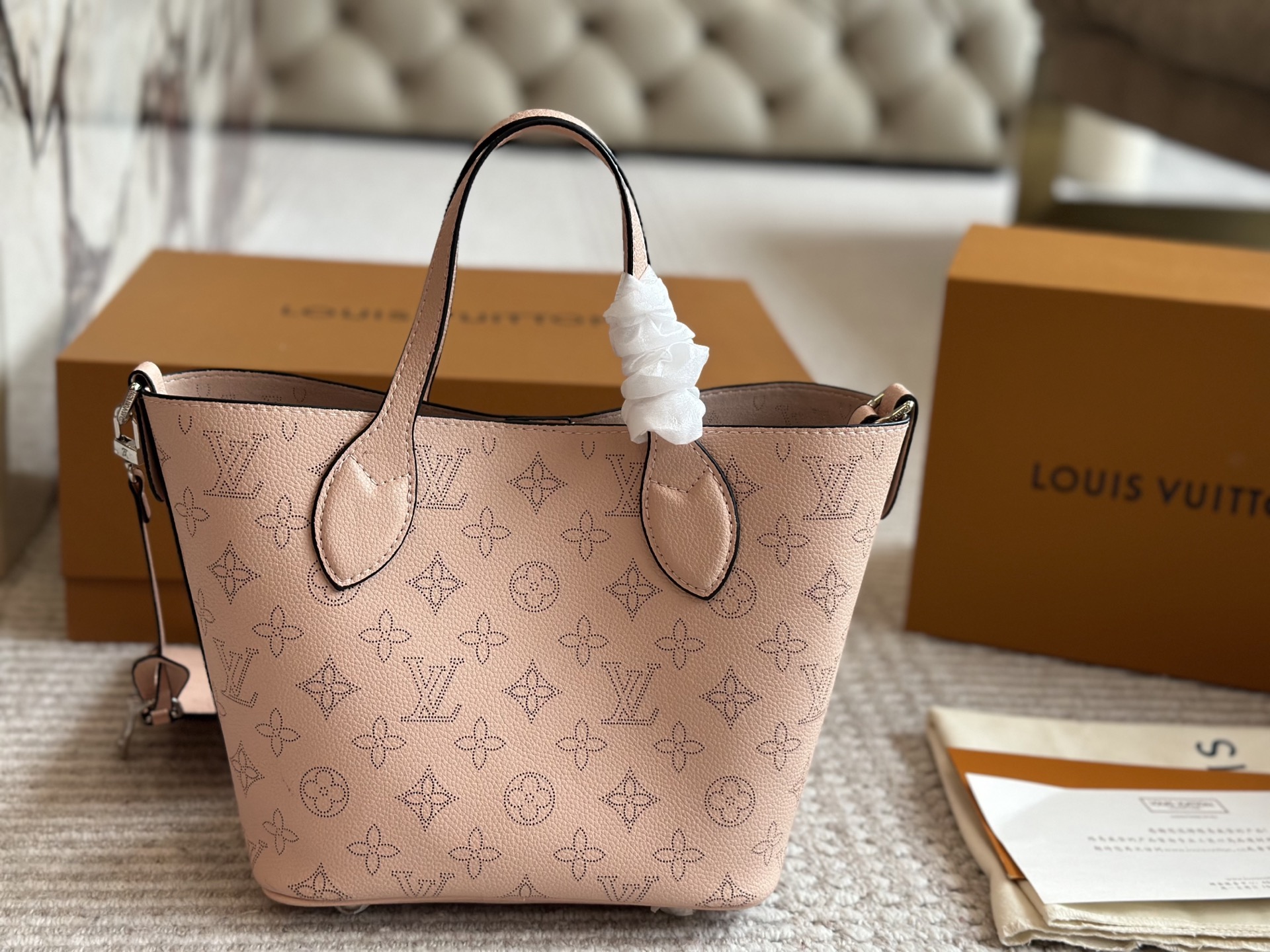 L Style Bucket Deformed Handbag Perforated Cow Leather