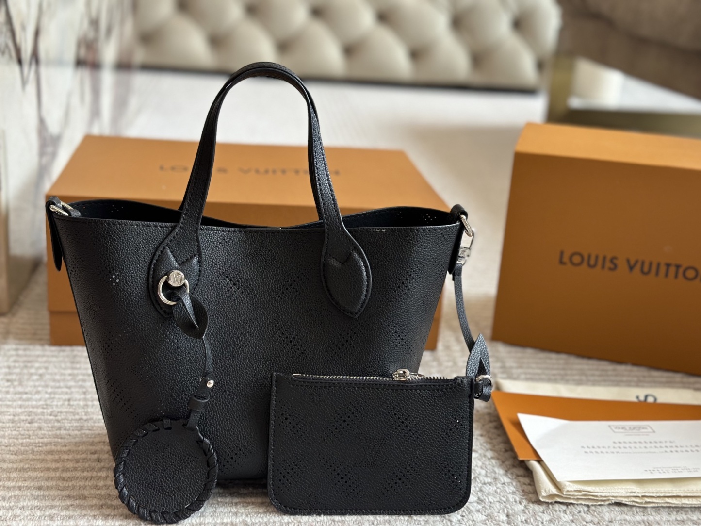 L Style Bucket Deformed Handbag Perforated Cow Leather