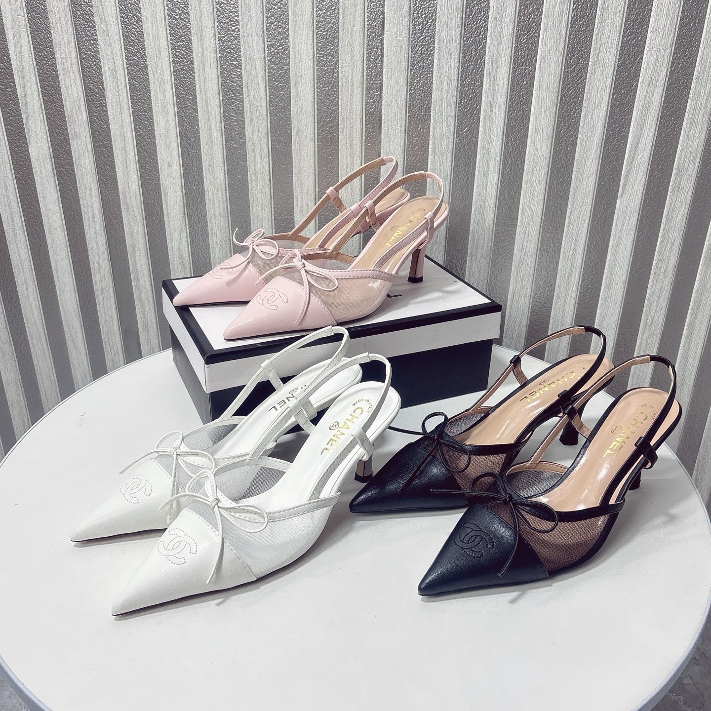 C Style bow mesh pointed high heel sandals