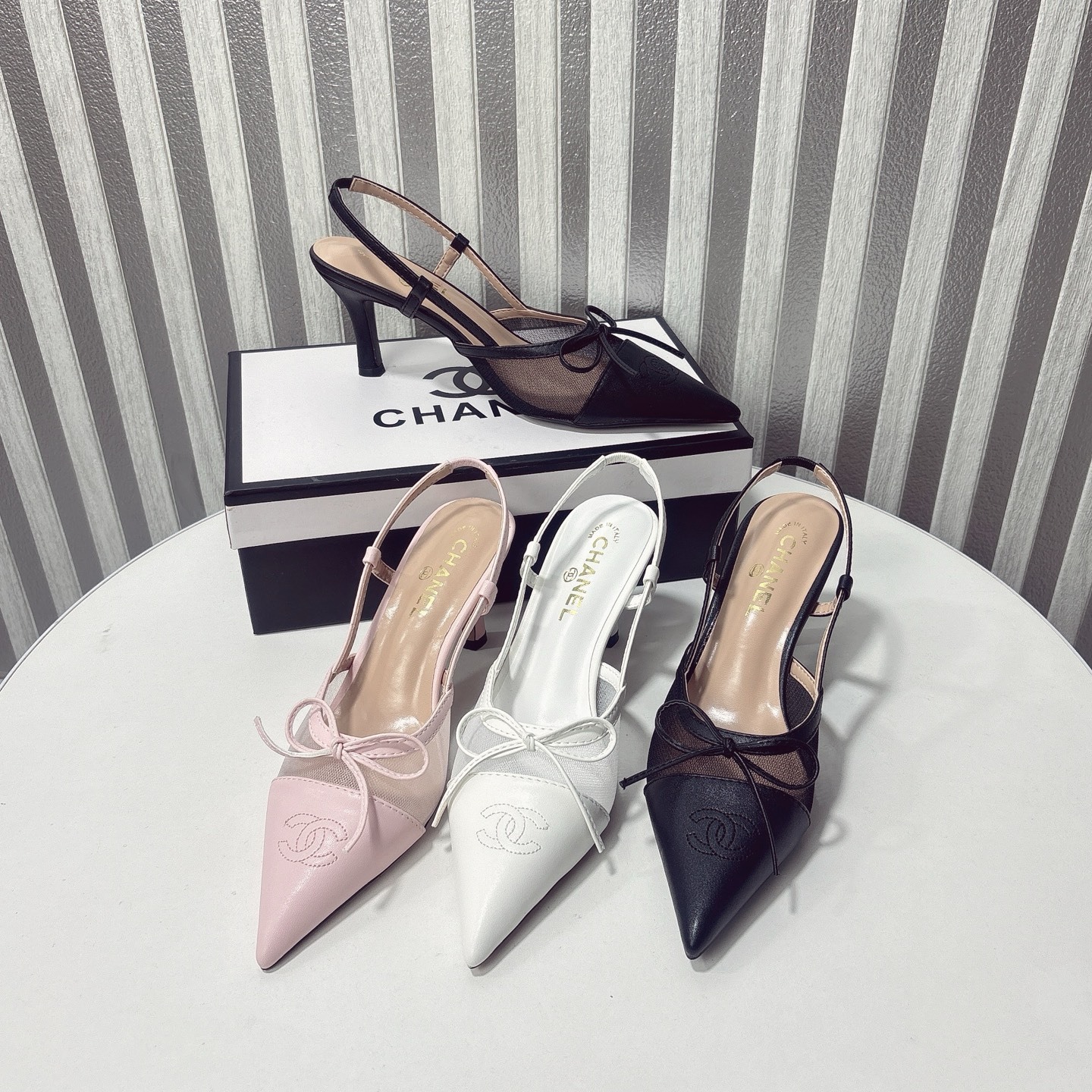 C Style bow mesh pointed high heel sandals