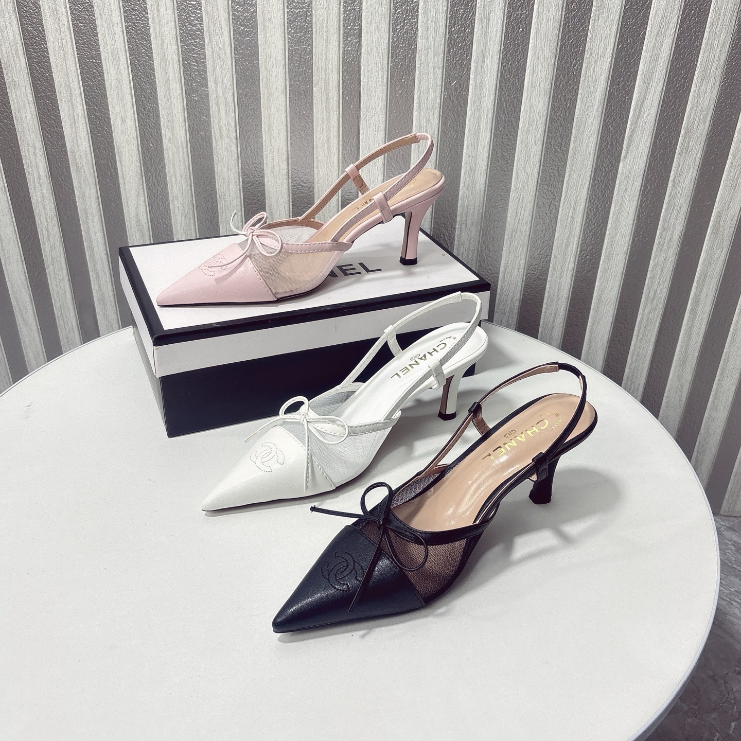 C Style bow mesh pointed high heel sandals