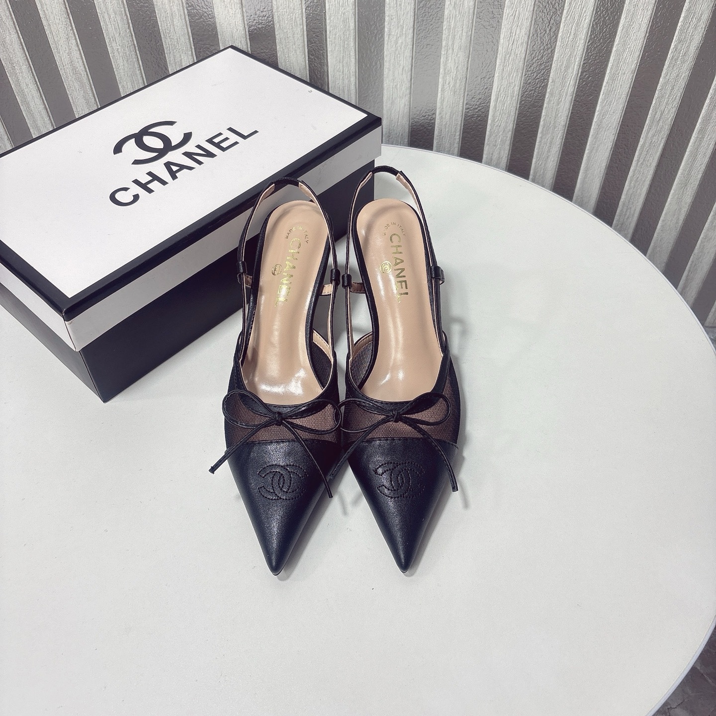 C Style bow mesh pointed high heel sandals