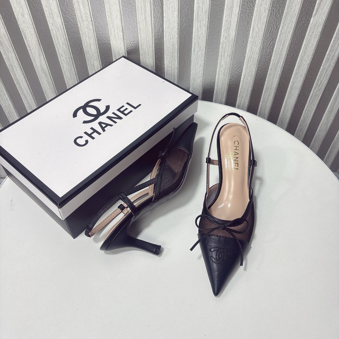 C Style bow mesh pointed high heel sandals