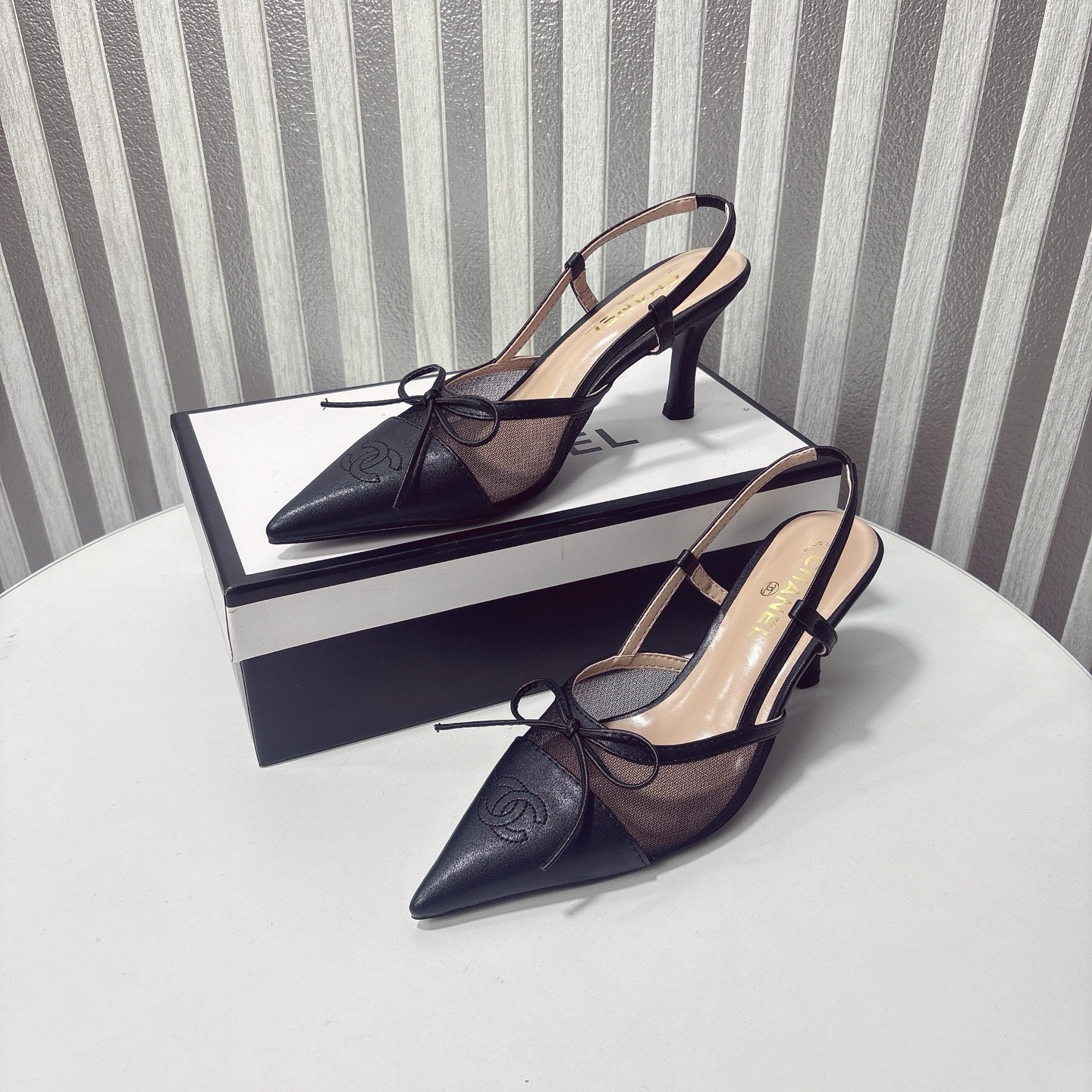 C Style bow mesh pointed high heel sandals