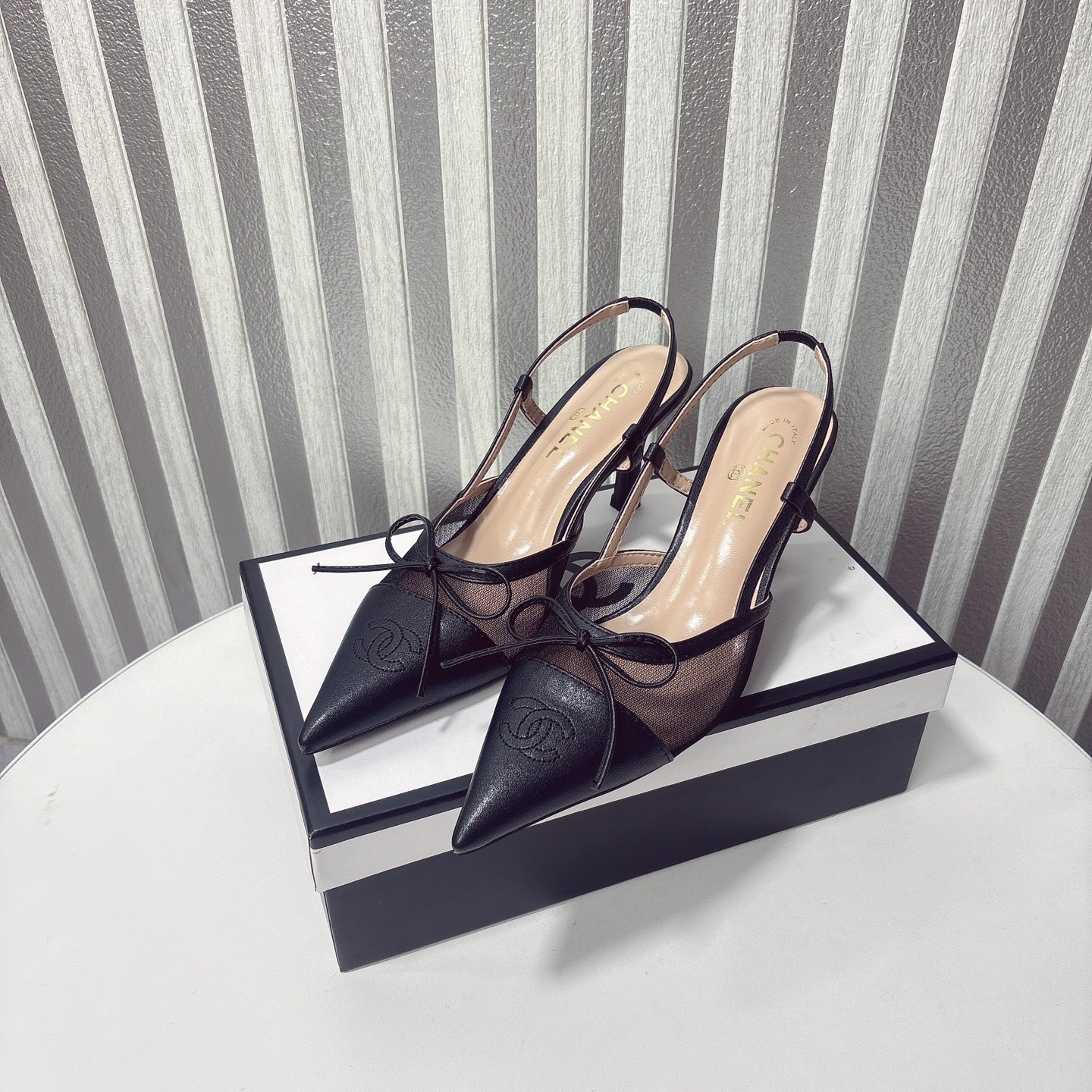 C Style bow mesh pointed high heel sandals