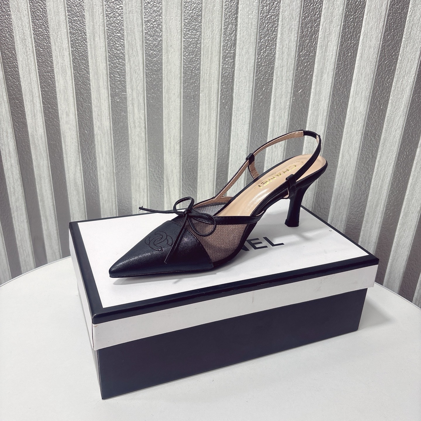 C Style bow mesh pointed high heel sandals