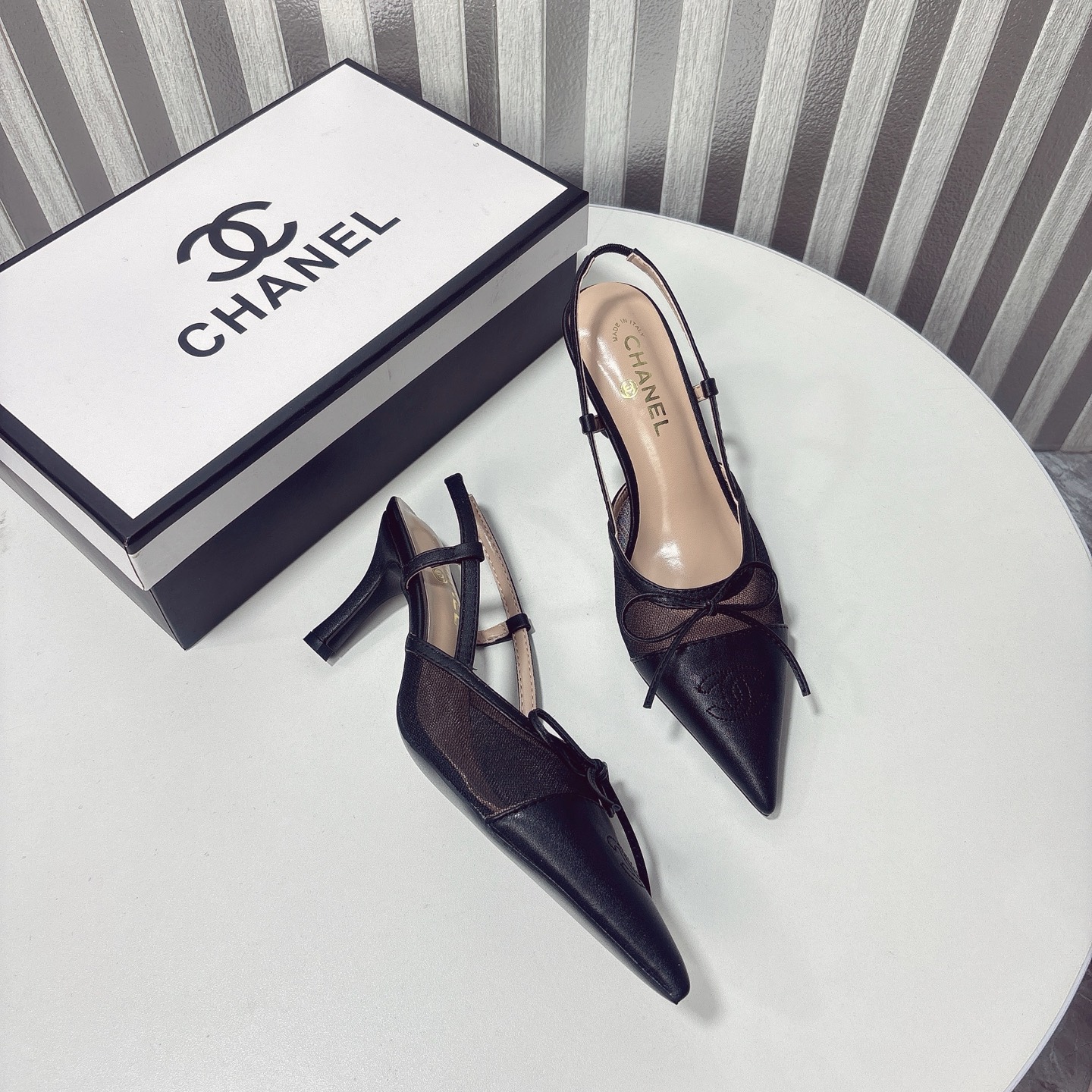 C Style bow mesh pointed high heel sandals