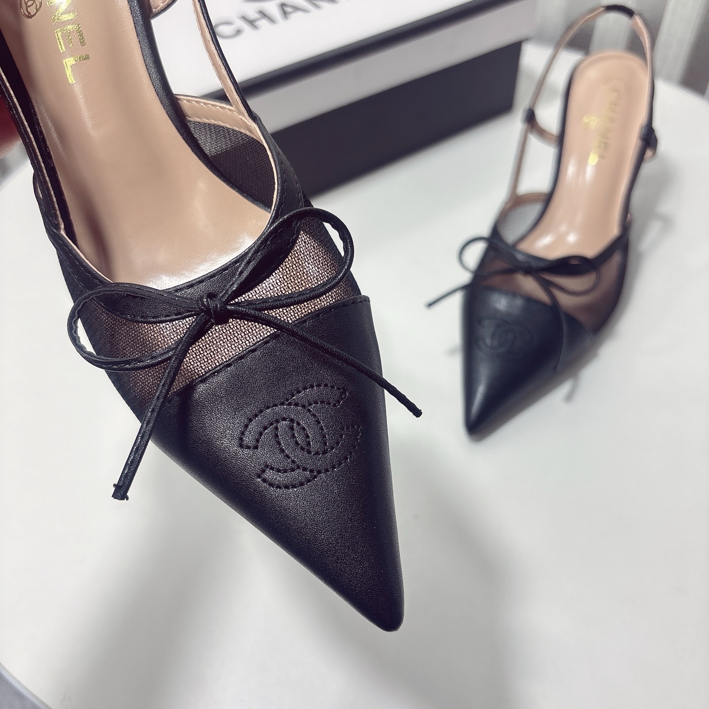 C Style bow mesh pointed high heel sandals