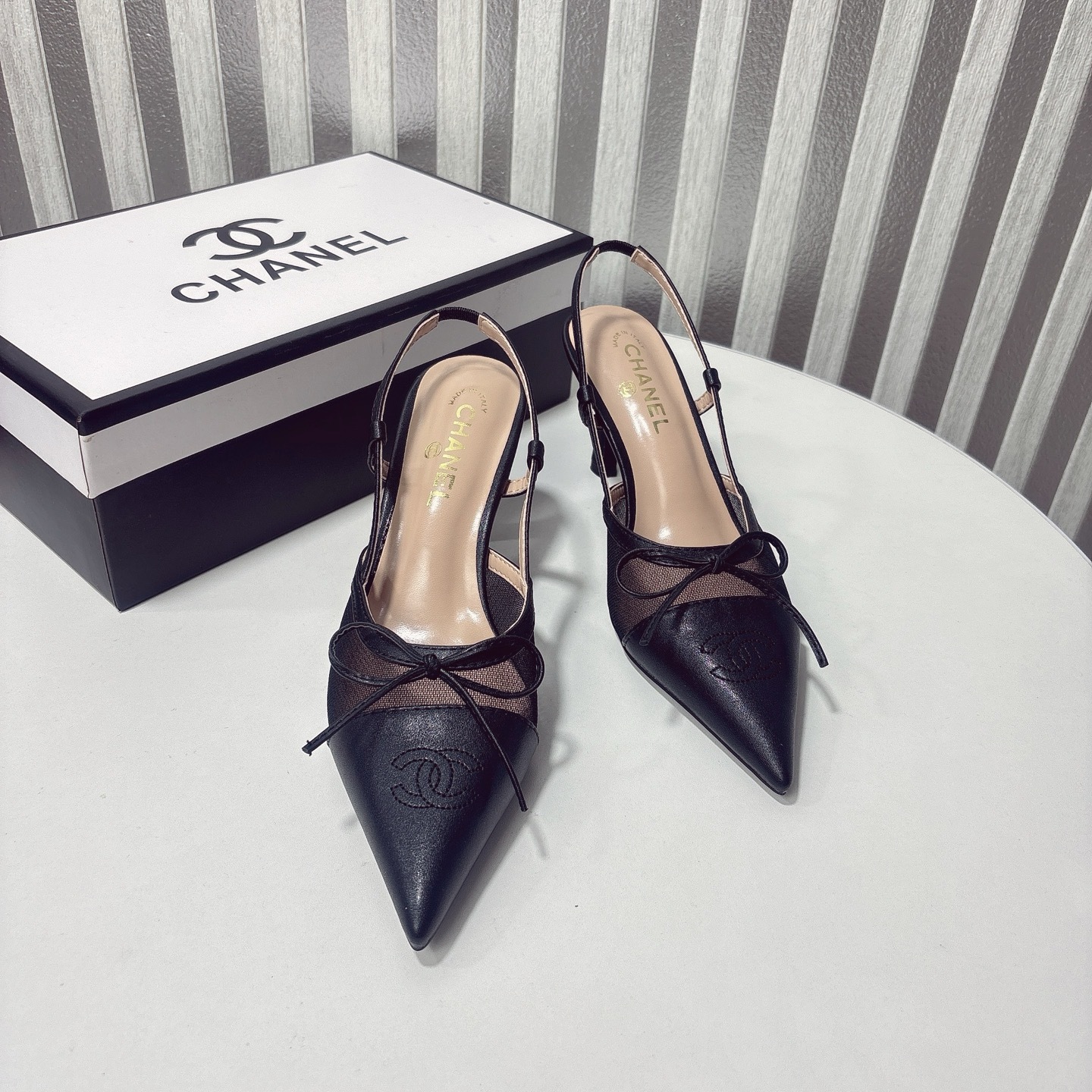 C Style bow mesh pointed high heel sandals