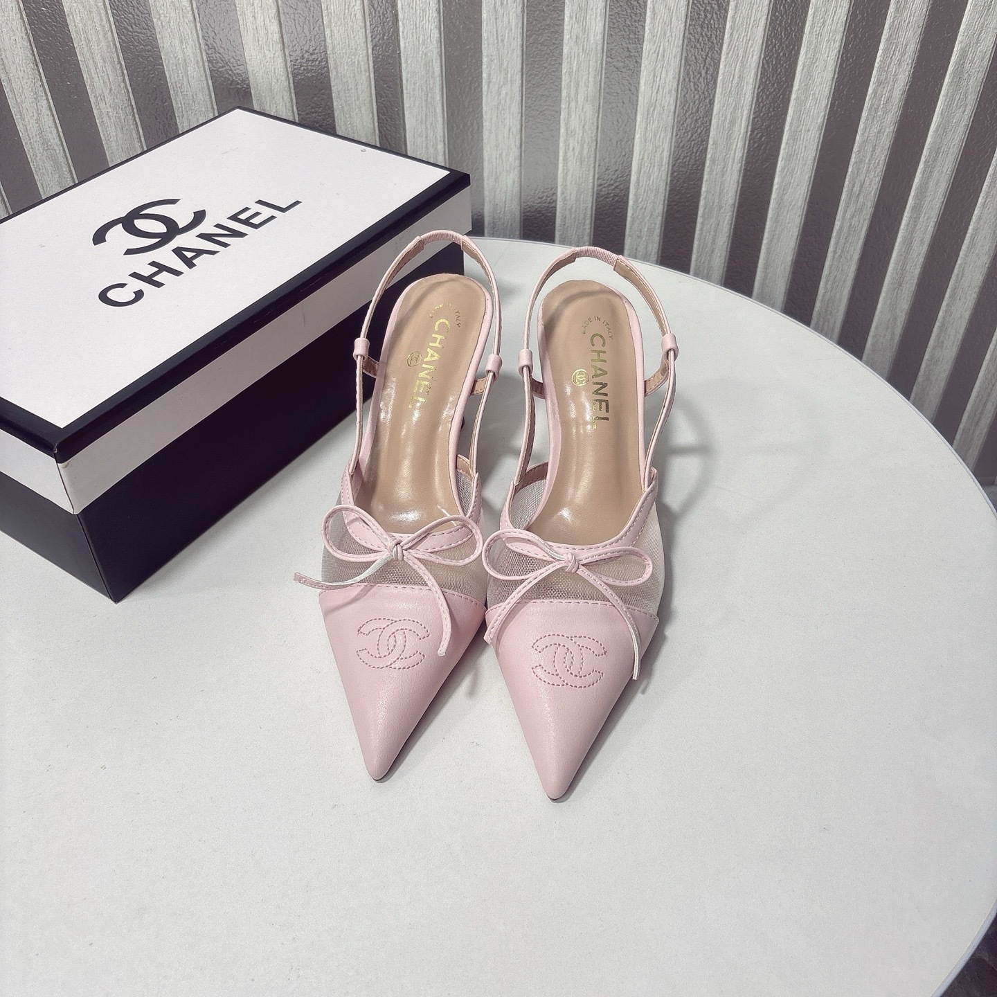 C Style bow mesh pointed high heel sandals