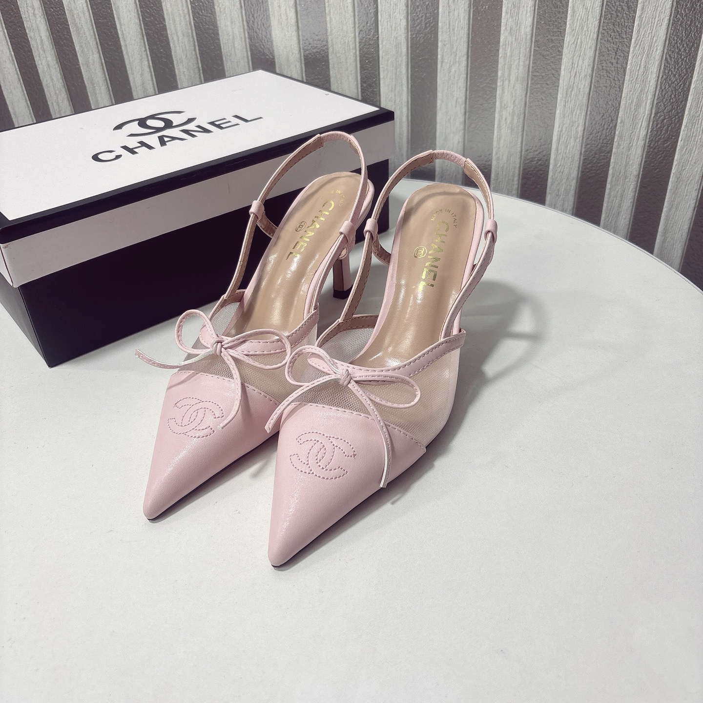 C Style bow mesh pointed high heel sandals 6cm