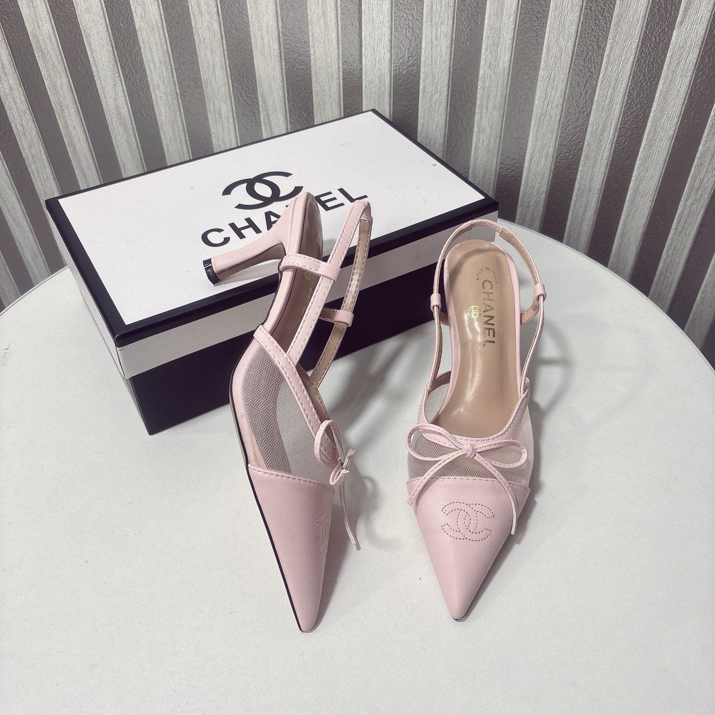 C Style bow mesh pointed high heel sandals