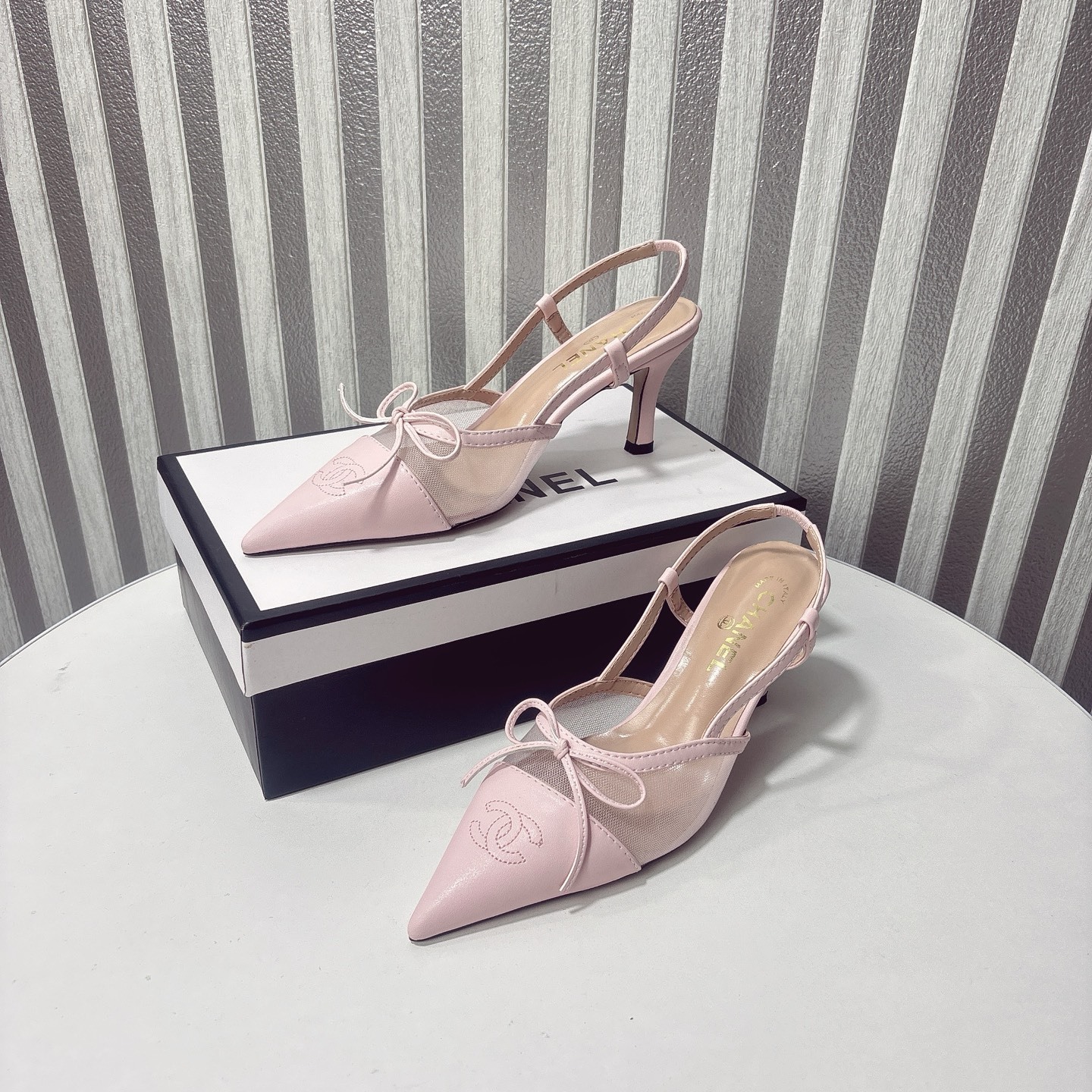 C Style bow mesh pointed high heel sandals