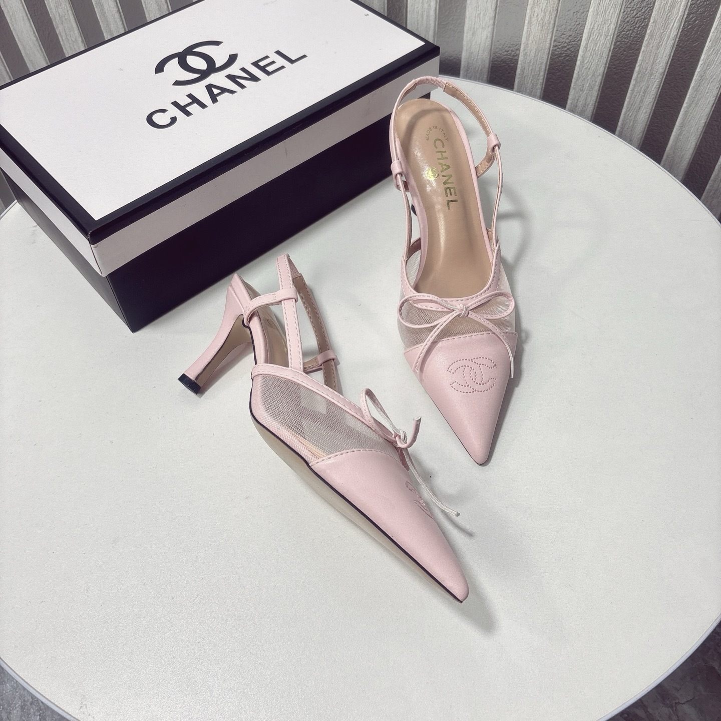 C Style bow mesh pointed high heel sandals