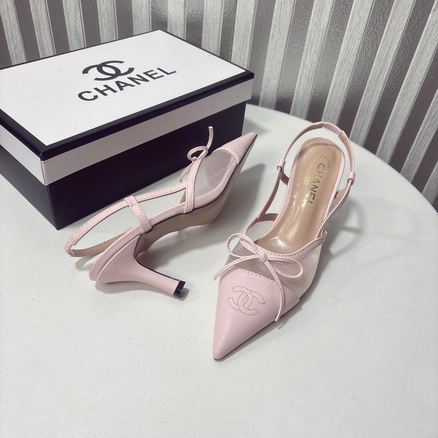 C Style bow mesh pointed high heel sandals