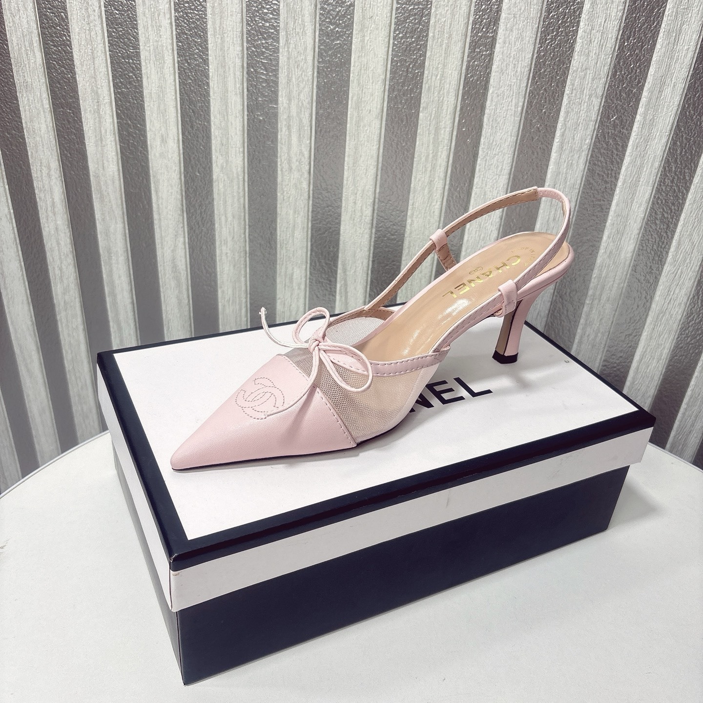 C Style bow mesh pointed high heel sandals