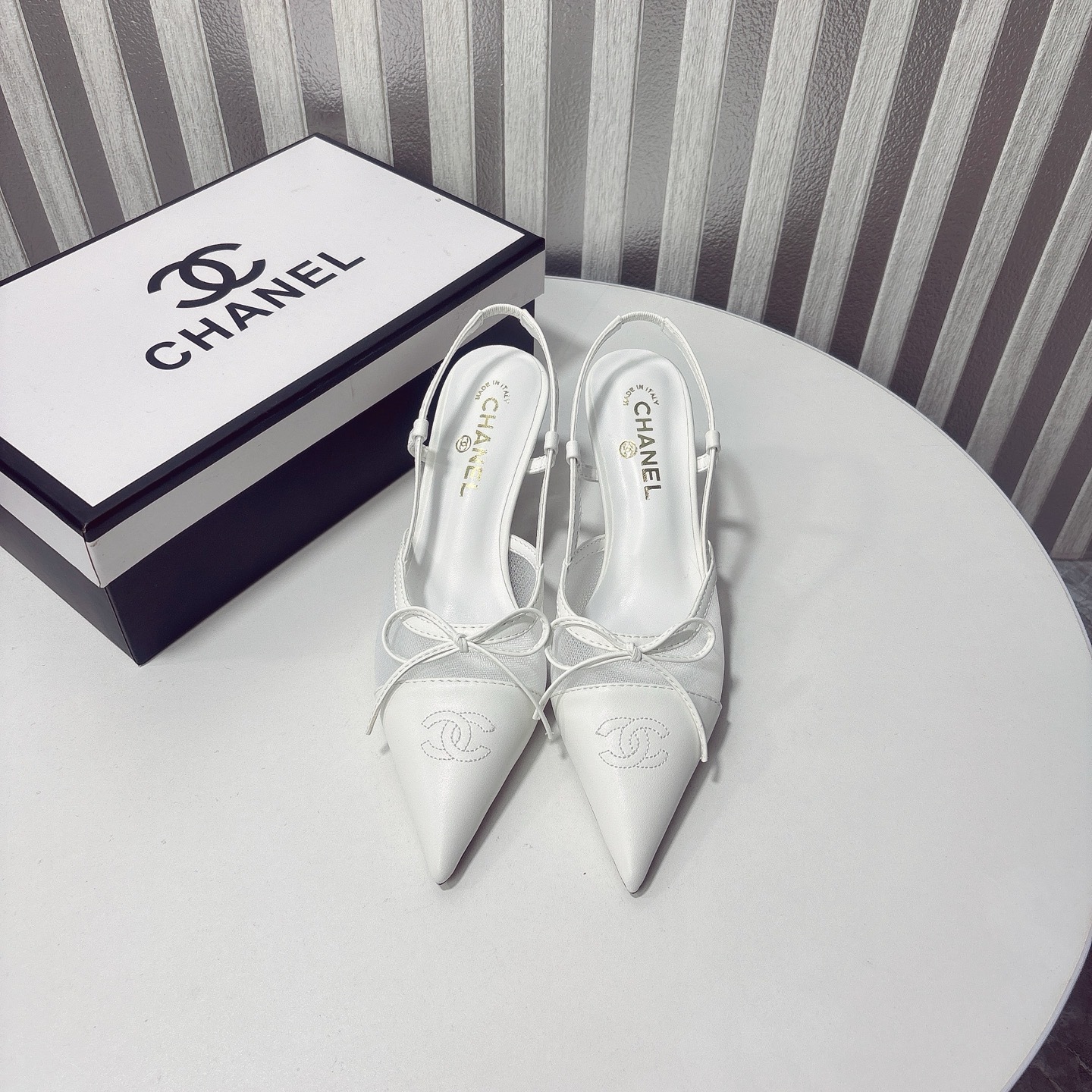 C Style bow mesh pointed high heel sandals