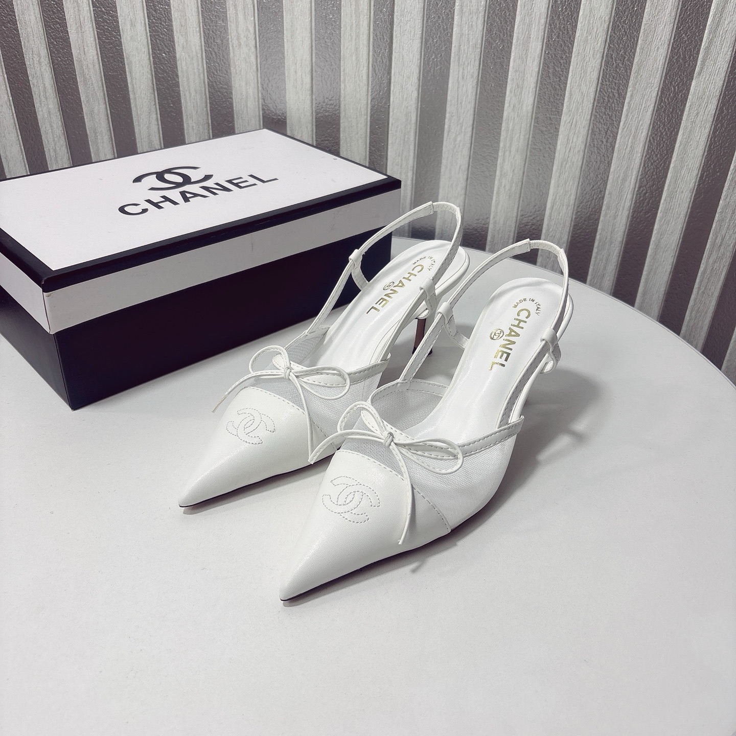 C Style bow mesh pointed high heel sandals