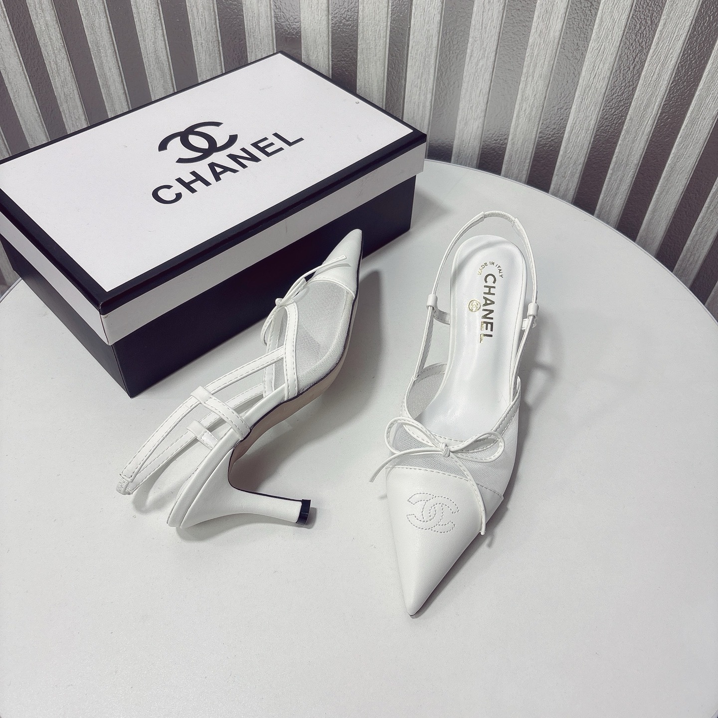 C Style bow mesh pointed high heel sandals