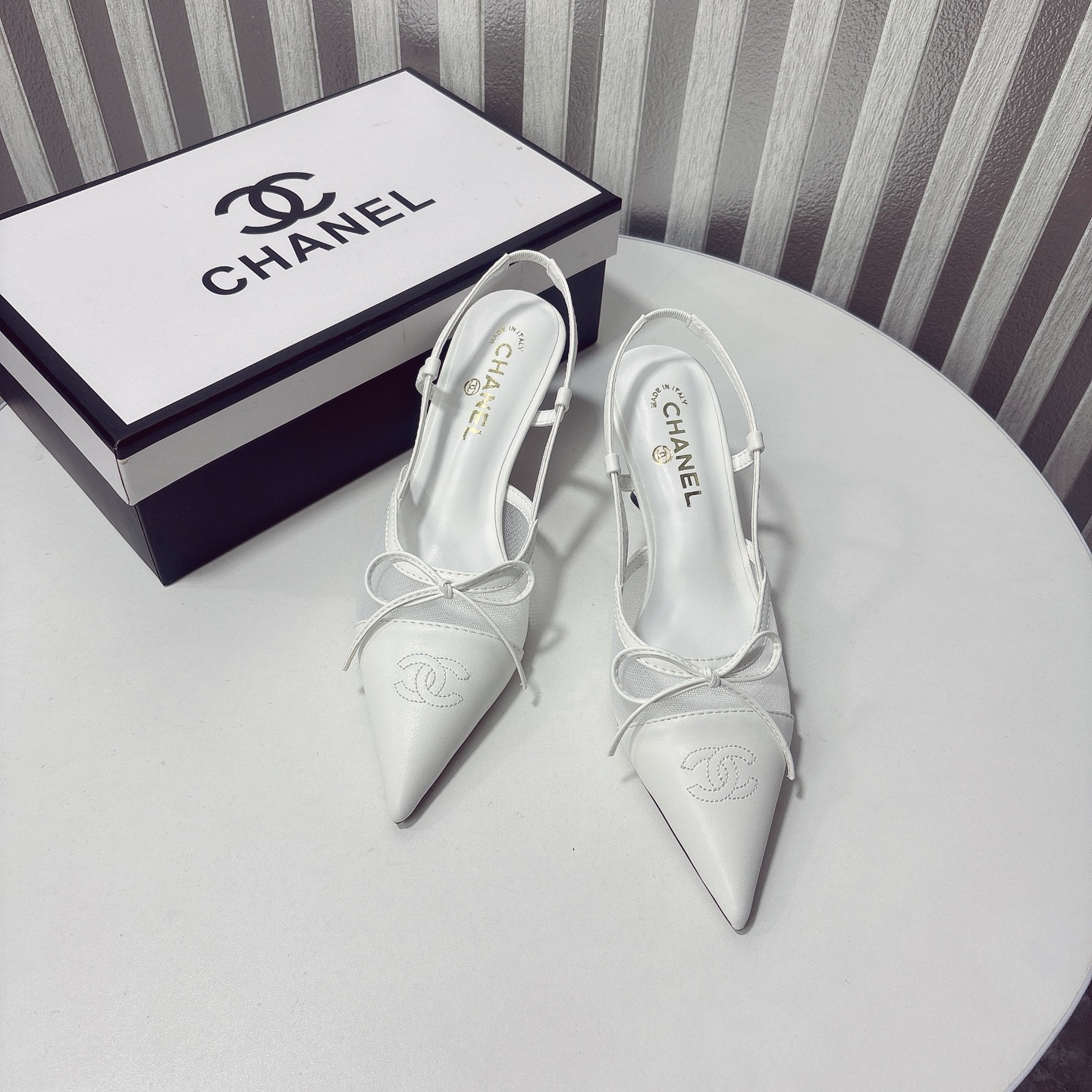 C Style bow mesh pointed high heel sandals