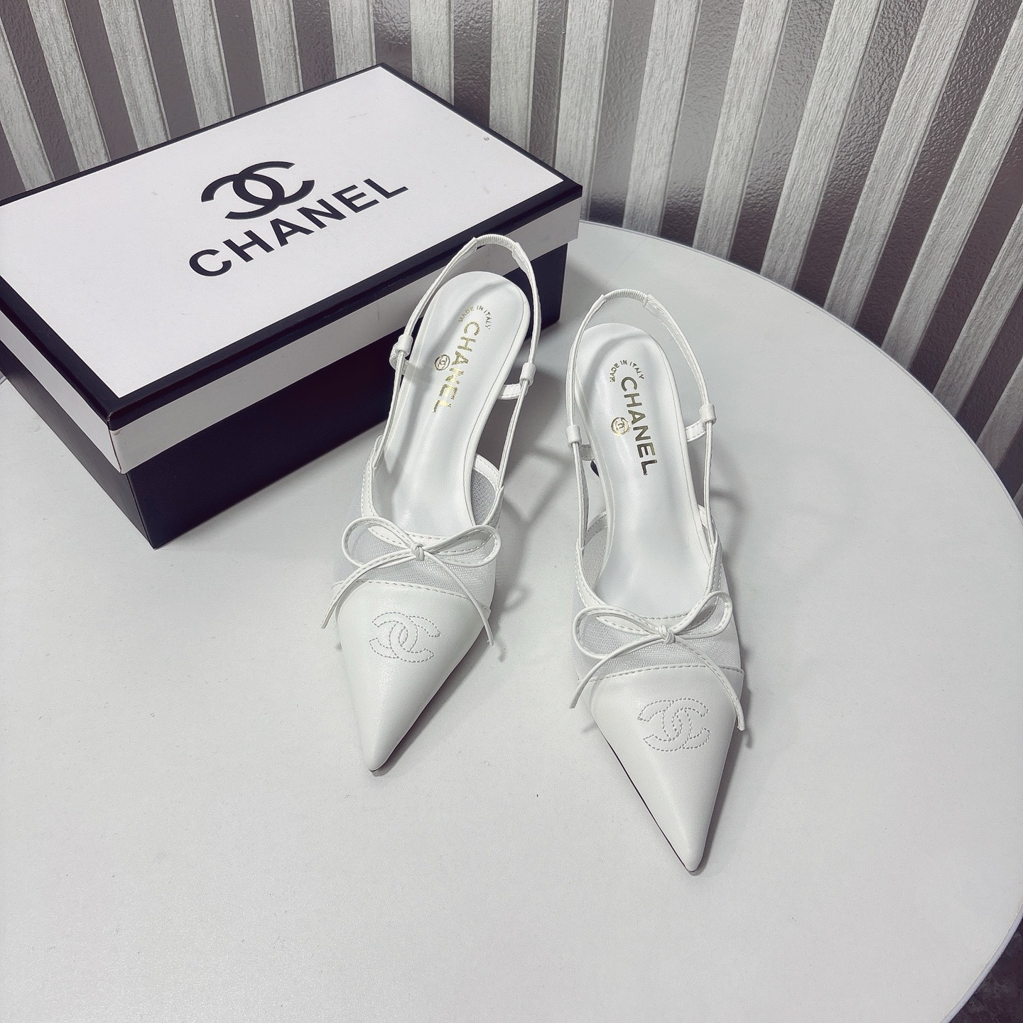 C Style bow mesh pointed high heel sandals