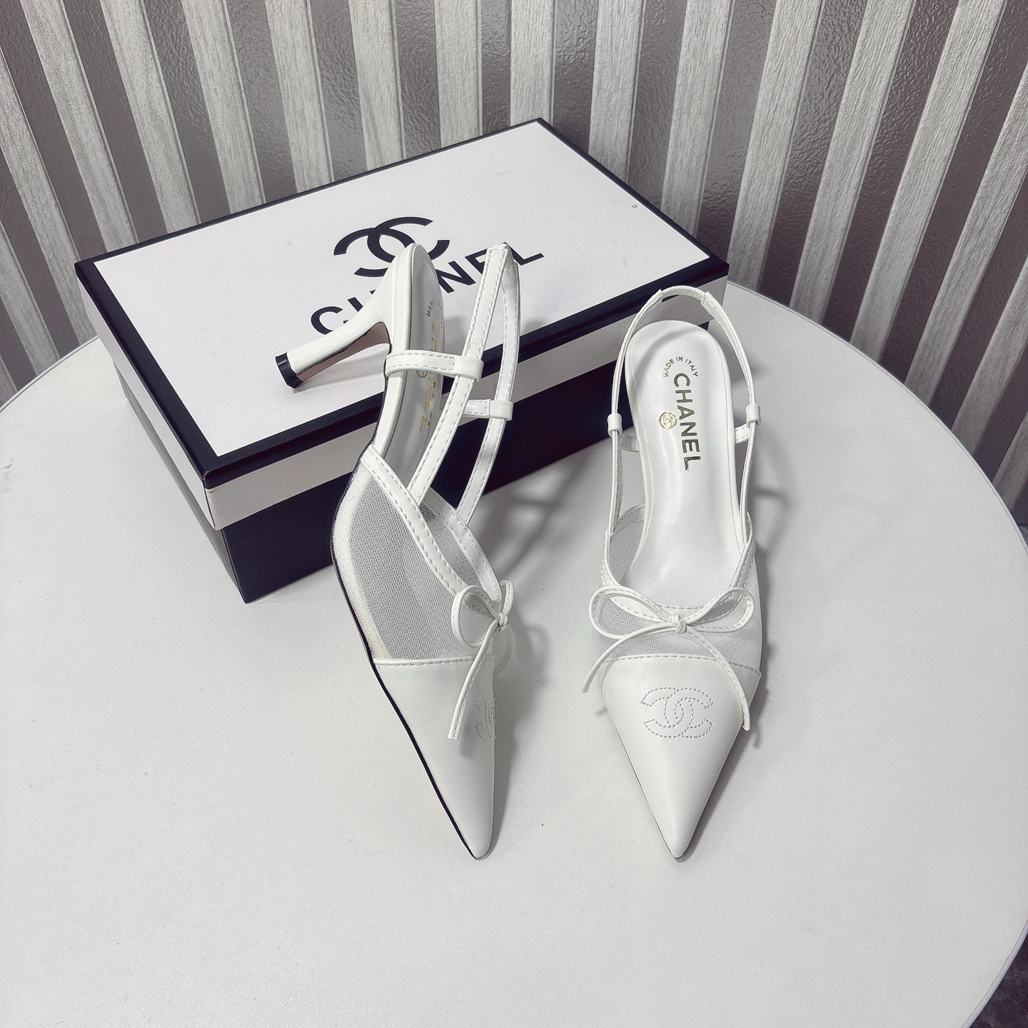 C Style bow mesh pointed high heel sandals