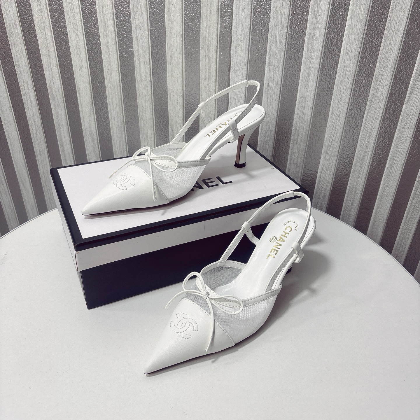 C Style bow mesh pointed high heel sandals