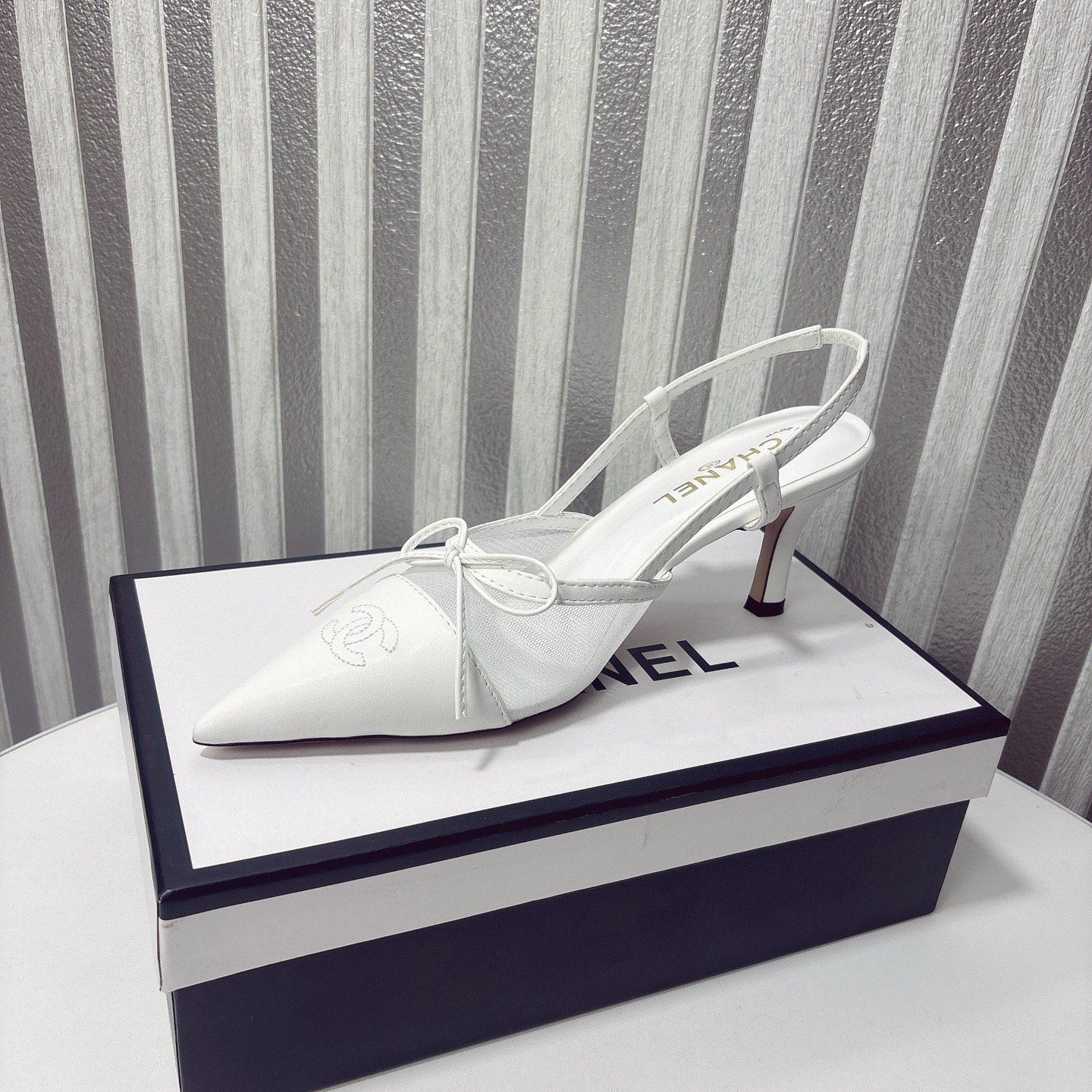 C Style bow mesh pointed high heel sandals