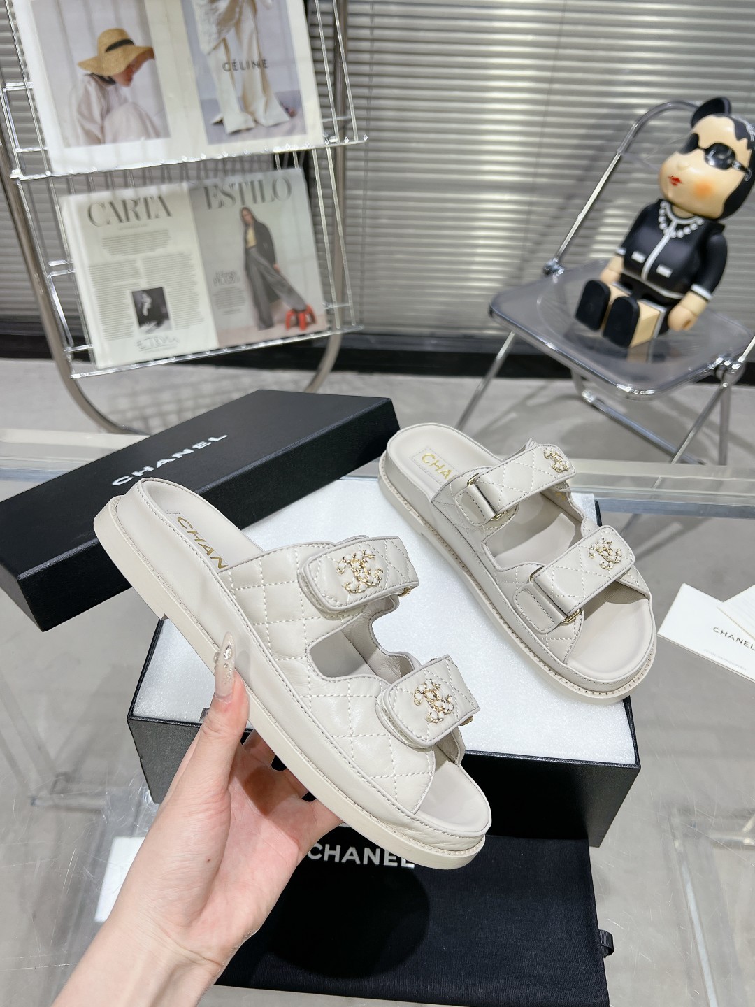 C Style diamond lattice Velcro half slippers beach slippers sandals