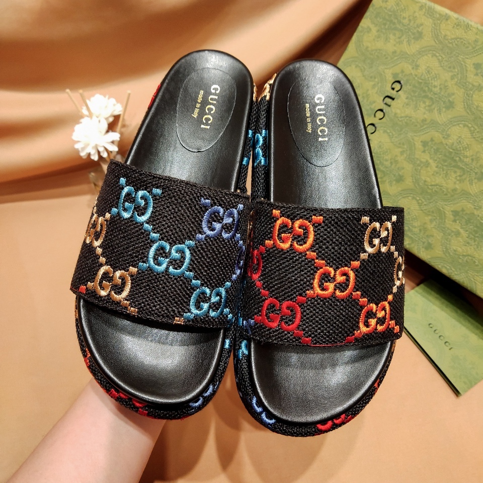 G Style colorful embroidered platform thick-soled slides