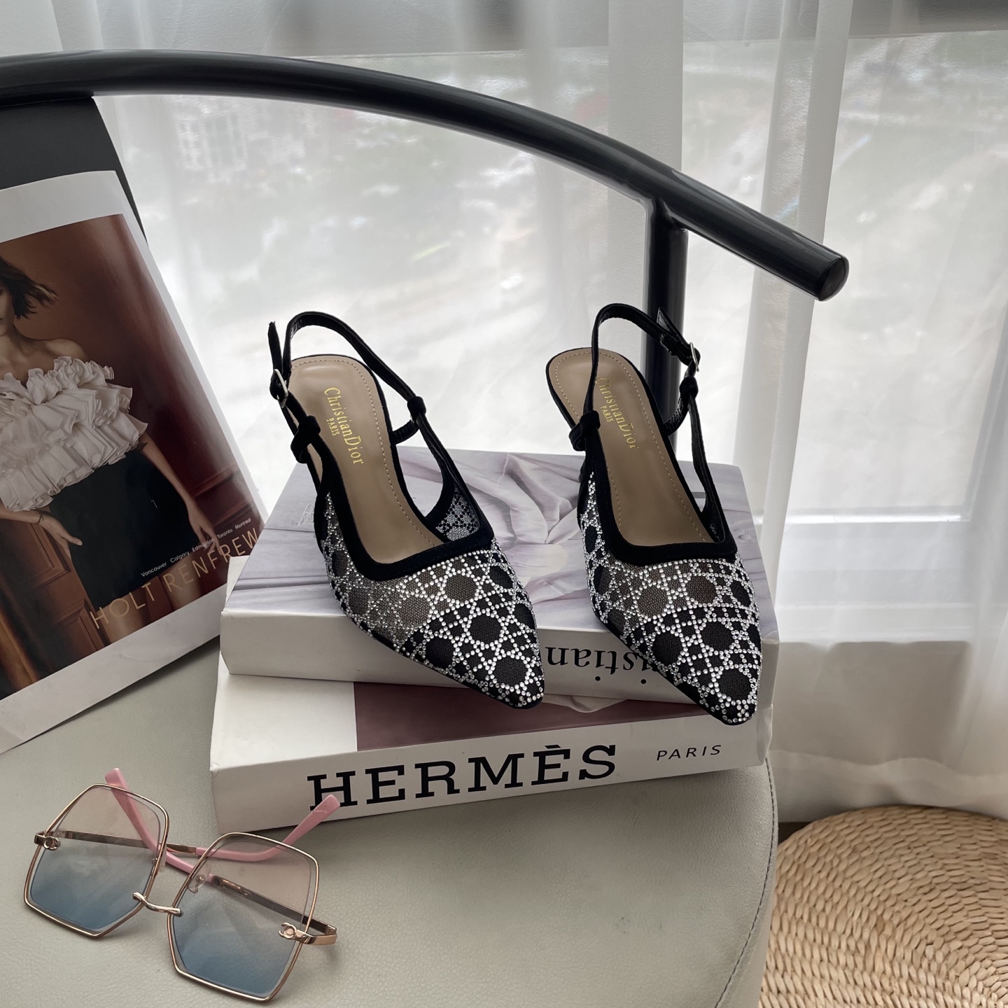 D style Mesh diamond pointed toe kitten heel sandals 6.5