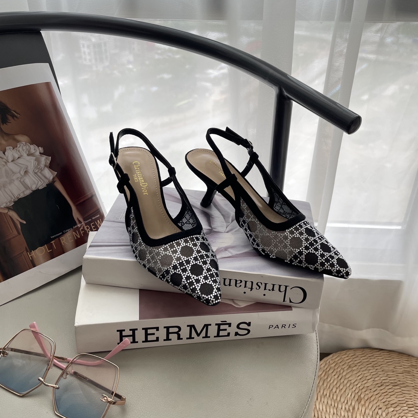 D style Mesh diamond pointed toe kitten heel sandals 6.5