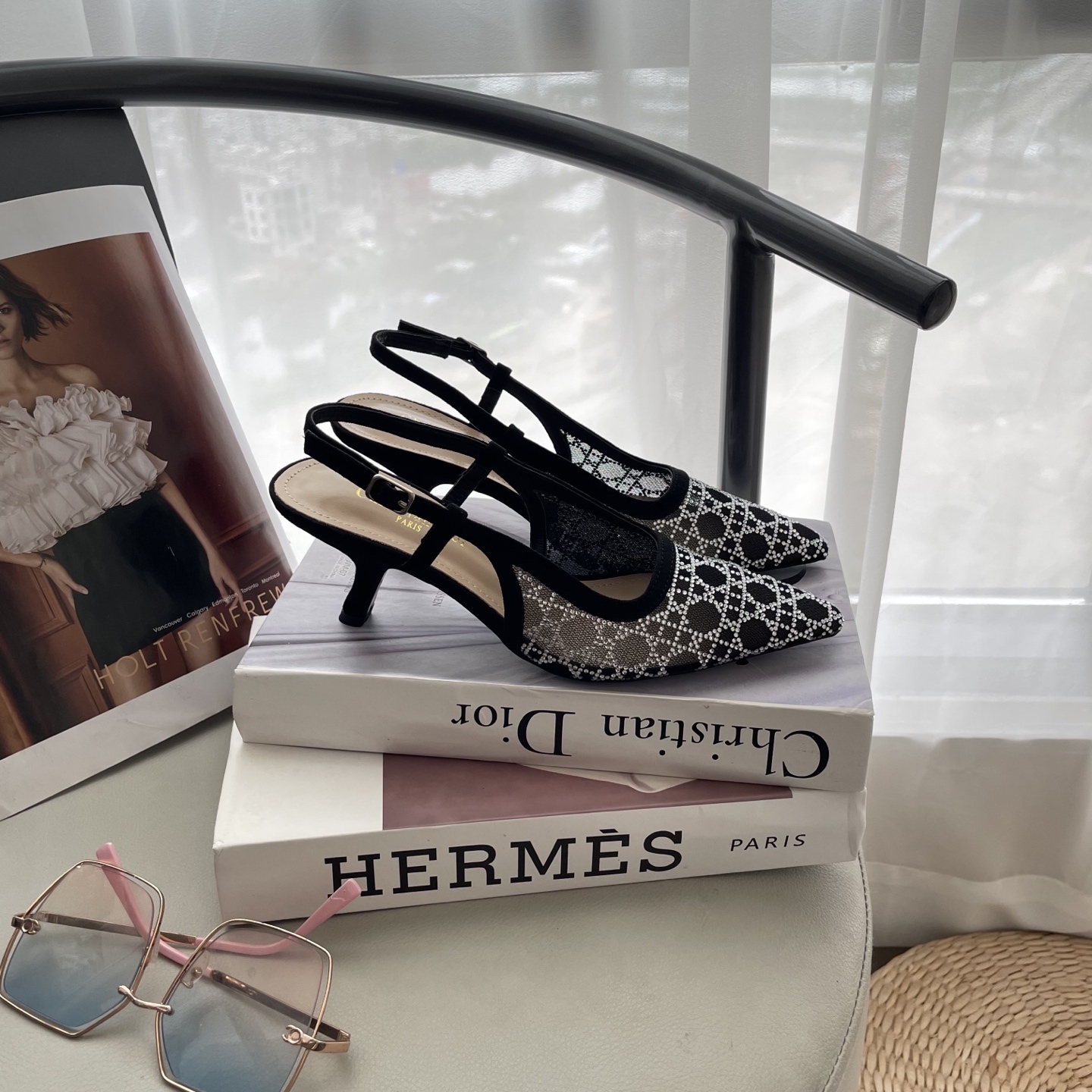 D style Mesh diamond pointed toe kitten heel sandals 6.5