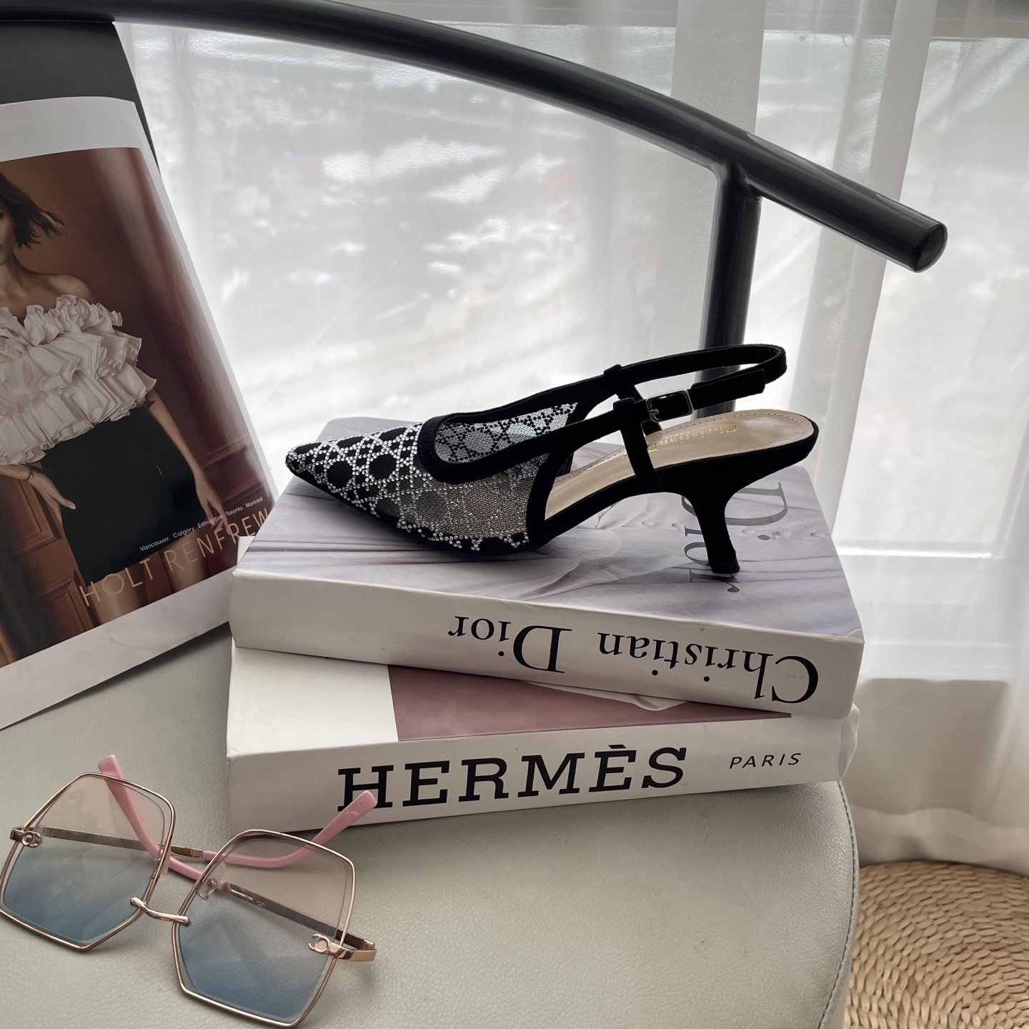 D style Mesh diamond pointed toe kitten heel sandals 6.5