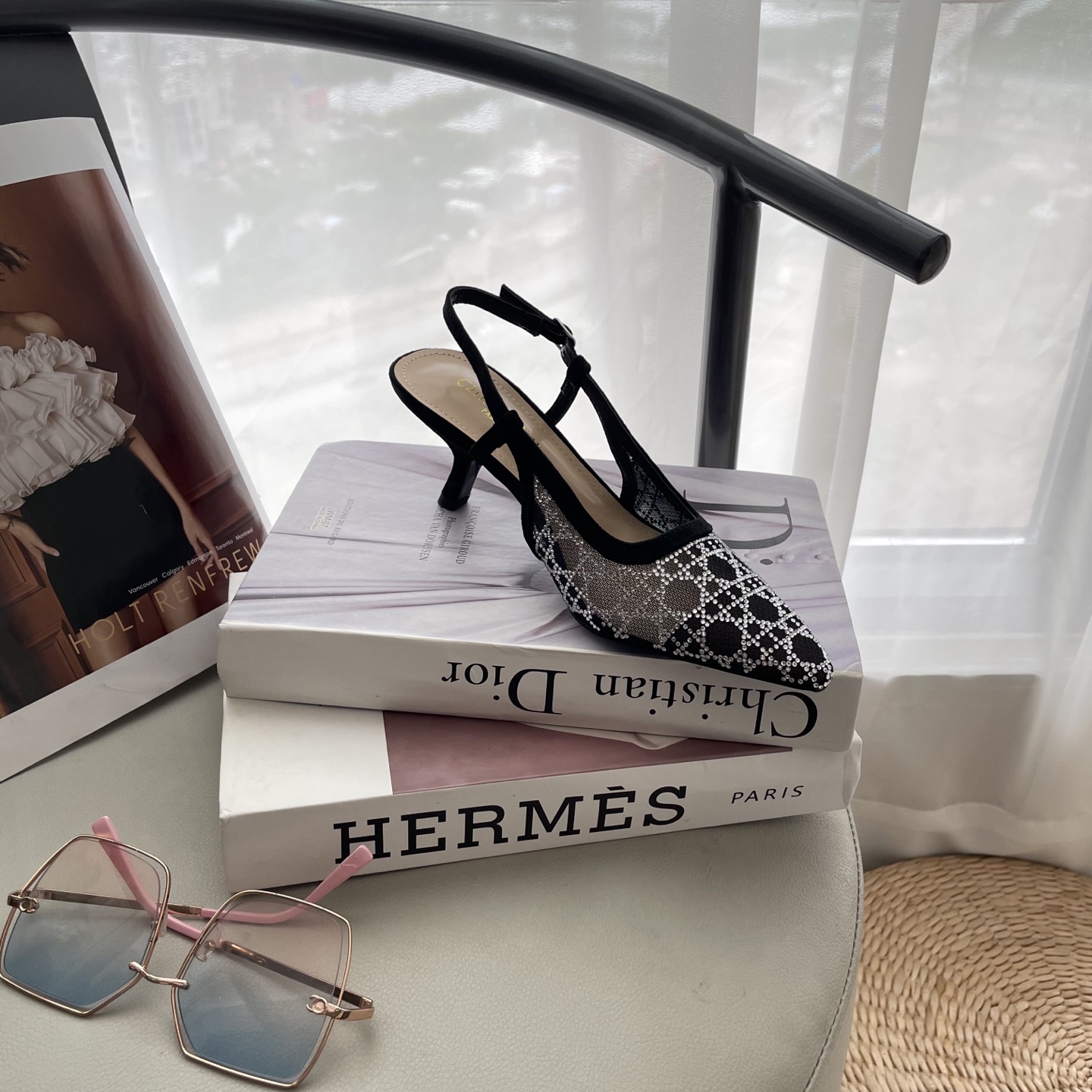 D style Mesh diamond pointed toe kitten heel sandals 6.5