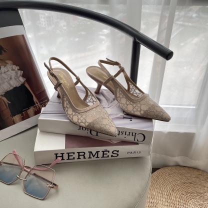 D style Mesh diamond pointed toe kitten heel sandals 6.5