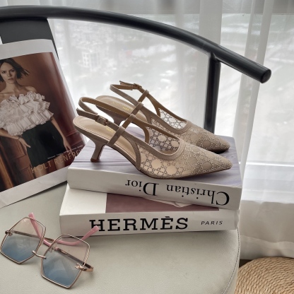 D style Mesh diamond pointed toe kitten heel sandals 6.5