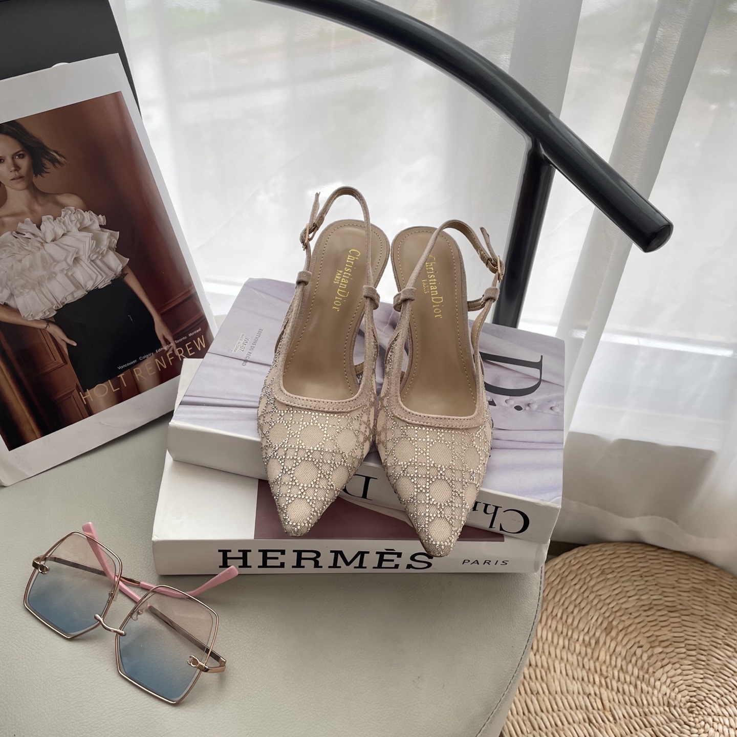 D style Mesh diamond pointed toe kitten heel sandals 6.5