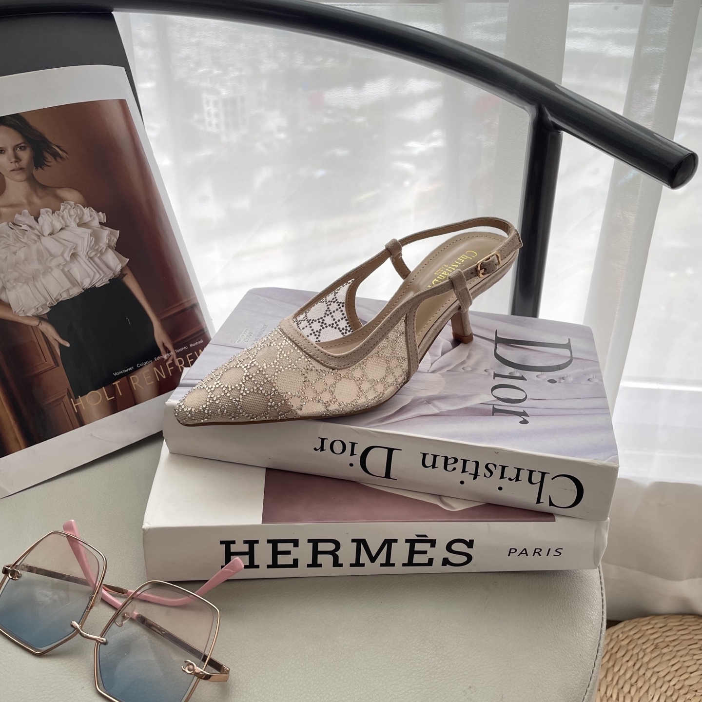 D style Mesh diamond pointed toe kitten heel sandals 6.5