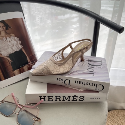 D style Mesh diamond pointed toe kitten heel sandals 6.5